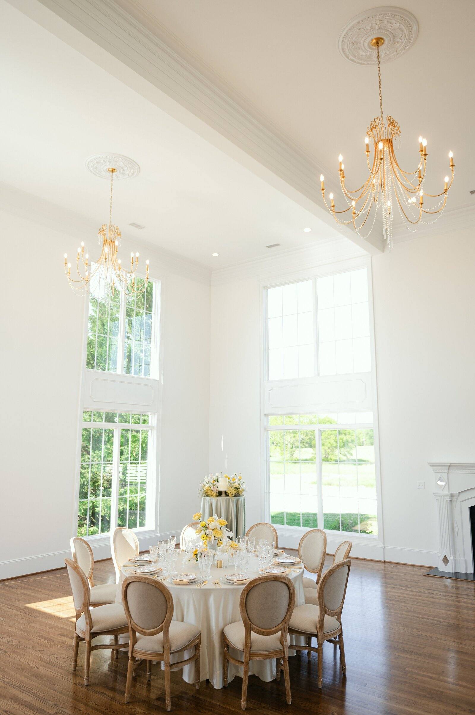Crystal chandeliers in the Northfield Estate ballroom